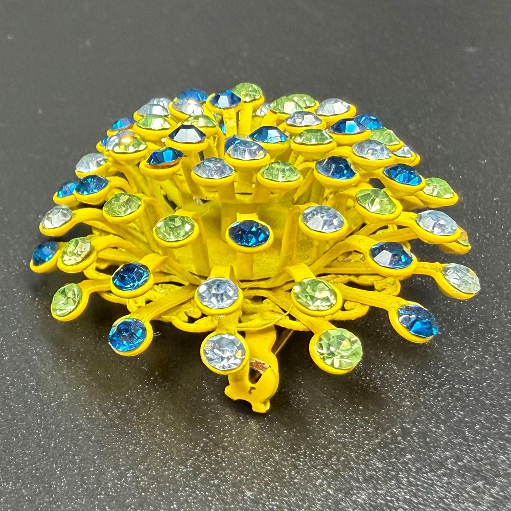 Vintage Atomic Brooch Yellow Blue Green Clear Rhinestones Sputnik Starburst - Picture 11 of 14